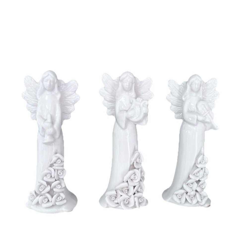 Trio White Porcelain Angels Molded Roses Musical Instruments Holiday Figurine